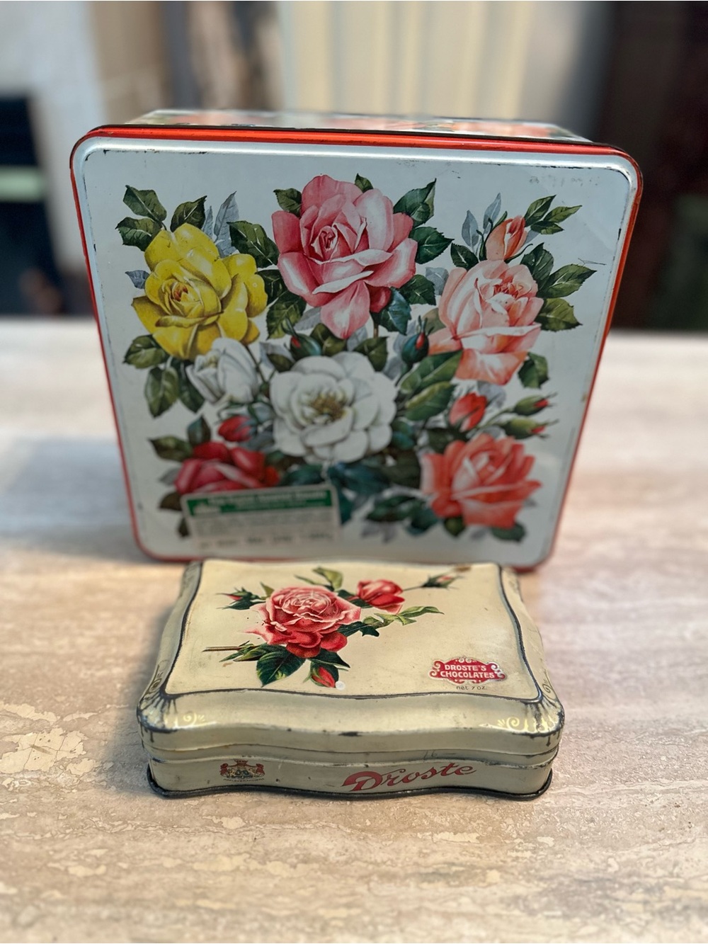 Vintage Floral Chocolate Tins  Set of 2 - Rose Motif, White & Red